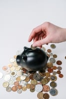 An image of a piggy bank and a person putting a coin in. 