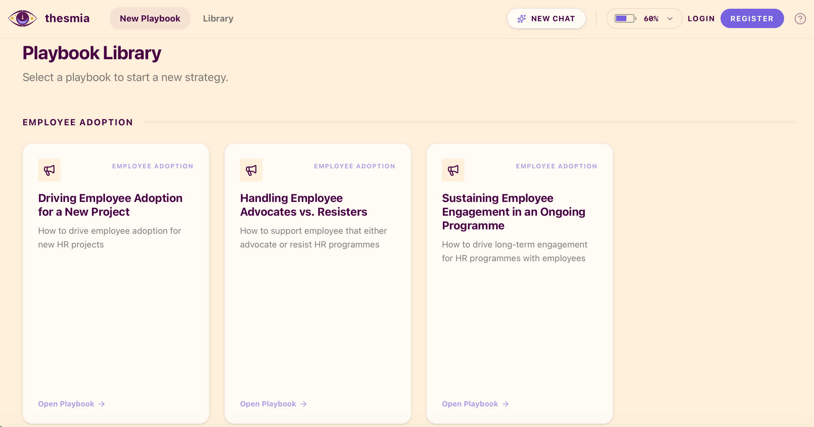 Screenshot of Thesmia.ai showing our HR playbooks